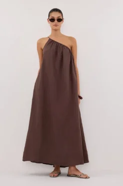 ALMA BITTER CHOC ASYM LINEN MIDI DRESS