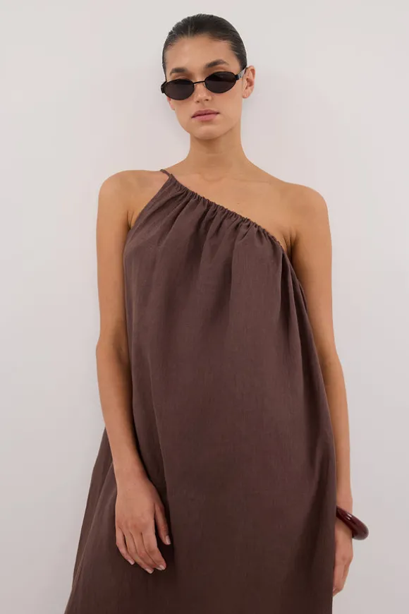 ALMA BITTER CHOC ASYM LINEN MIDI DRESS
