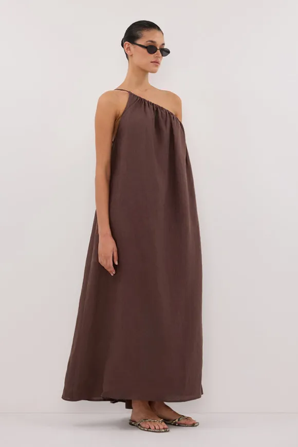 ALMA BITTER CHOC ASYM LINEN MIDI DRESS