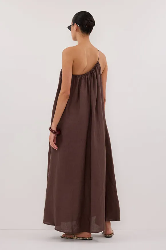 ALMA BITTER CHOC ASYM LINEN MIDI DRESS