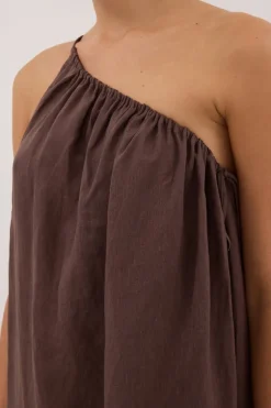ALMA BITTER CHOC ASYM LINEN MIDI DRESS