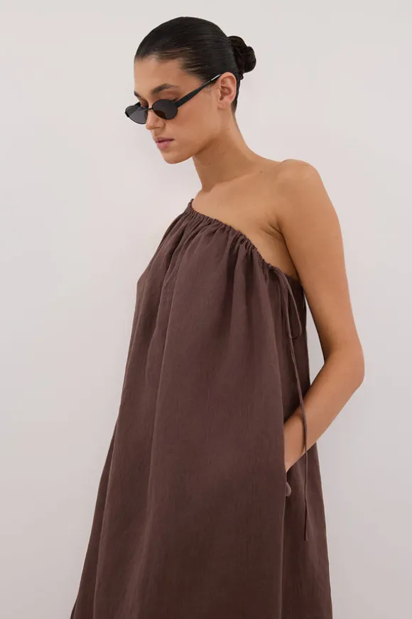 ALMA BITTER CHOC ASYM LINEN MIDI DRESS