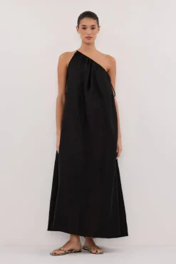 ALMA BLACK ASYM LINEN MIDI DRESS