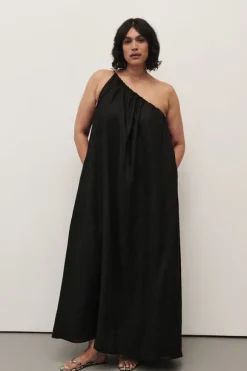 ALMA BLACK ASYM LINEN MIDI DRESS