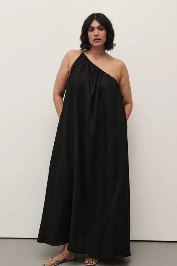 ALMA BLACK ASYM LINEN MIDI DRESS