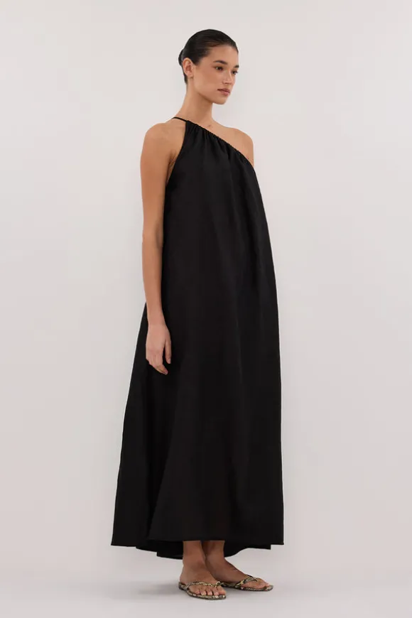 ALMA BLACK ASYM LINEN MIDI DRESS