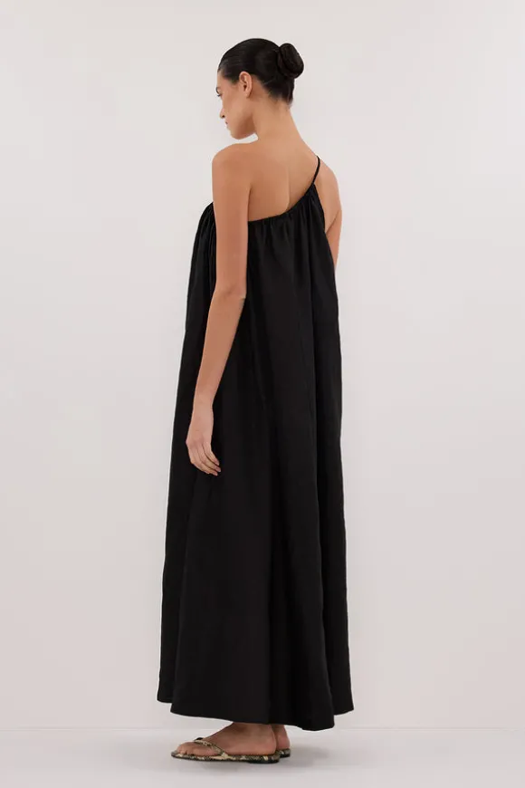ALMA BLACK ASYM LINEN MIDI DRESS