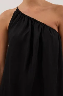 ALMA BLACK ASYM LINEN MIDI DRESS