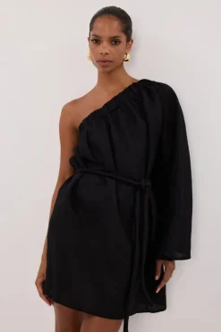 AURELIA BLACK ASYM LINEN MINI DRESS