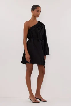 AURELIA BLACK ASYM LINEN MINI DRESS