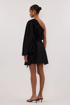 AURELIA BLACK ASYM LINEN MINI DRESS