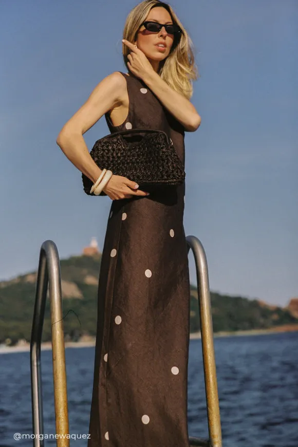 BEVERLY BITTER CHOC SPOT LINEN MIDI DRESS