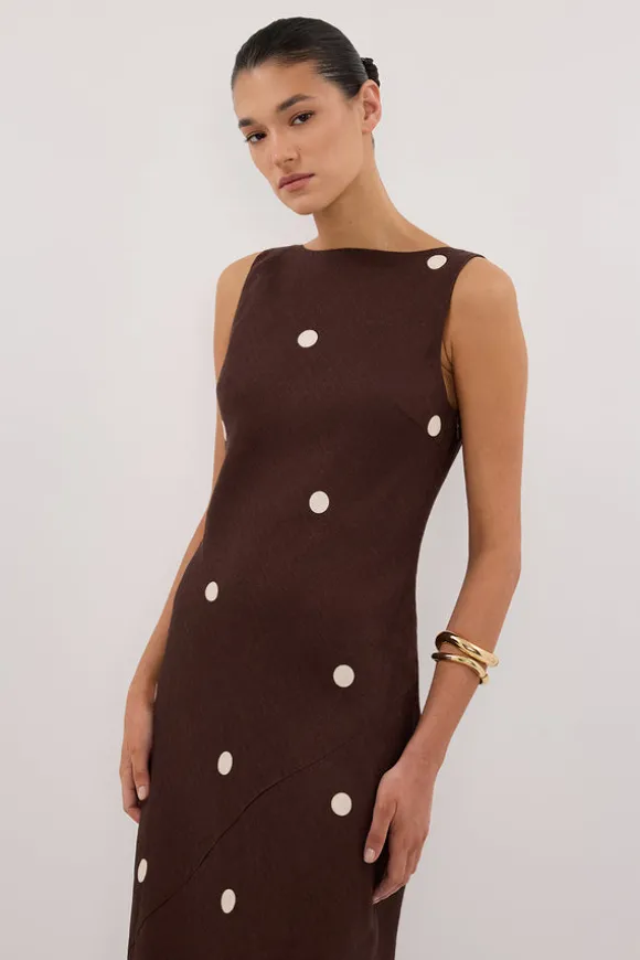 BEVERLY BITTER CHOC SPOT LINEN MIDI DRESS