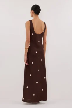 BEVERLY BITTER CHOC SPOT LINEN MIDI DRESS
