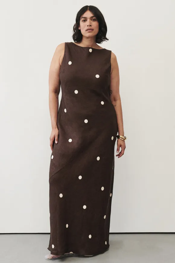 BEVERLY BITTER CHOC SPOT LINEN MIDI DRESS