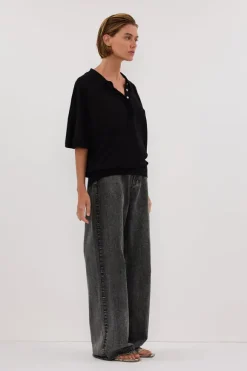 ELI BLACK POLO KNIT TOP