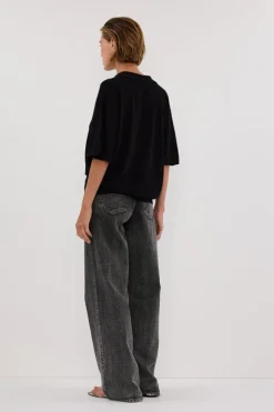 ELI BLACK POLO KNIT TOP