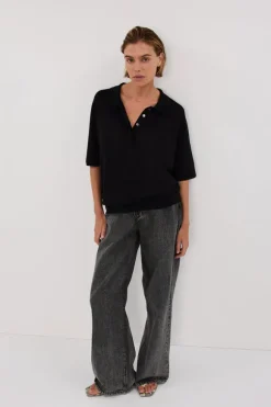 ELI BLACK POLO KNIT TOP