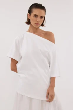 ESME WHITE ASYM BOAT NECK TEE