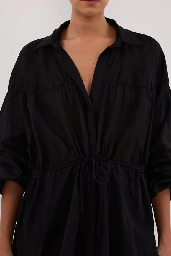FLOYCE BLACK LINEN LONG SLEEVE TOP