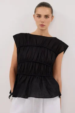FLYNN BLACK LINEN TIERED TOP
