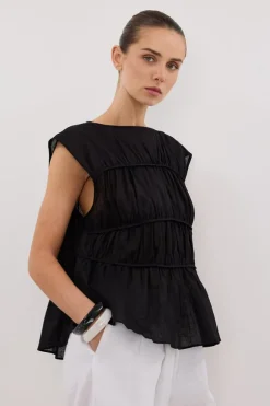 FLYNN BLACK LINEN TIERED TOP