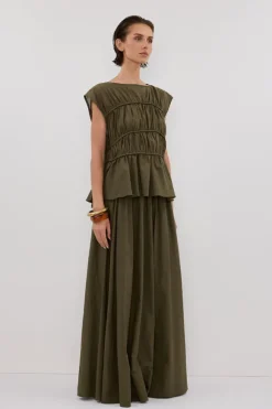 FLYNN OLIVE LINEN BLEND TIERED TOP