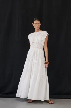 FLYNN WHITE LINEN BLEND MIDI DRESS