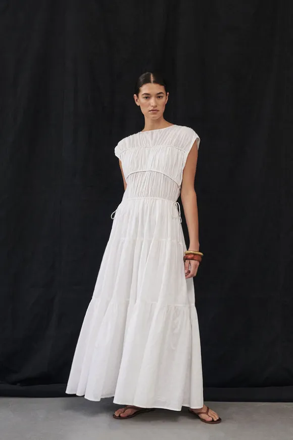 FLYNN WHITE LINEN BLEND MIDI DRESS