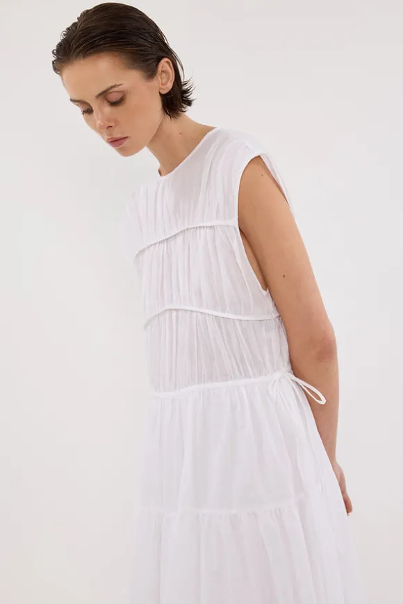 FLYNN WHITE LINEN BLEND MIDI DRESS