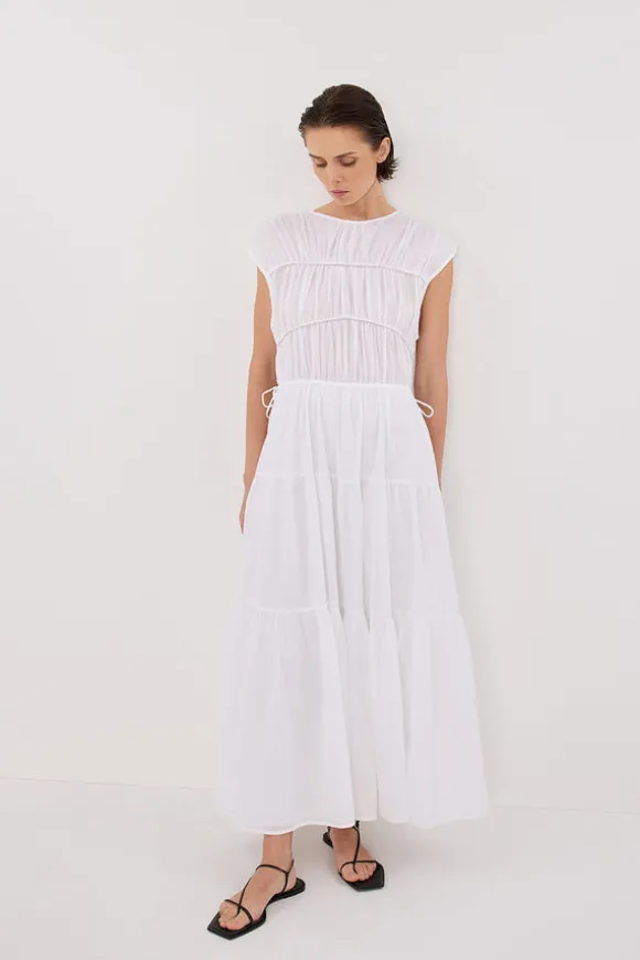 FLYNN WHITE LINEN BLEND MIDI DRESS