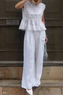 FLYNN WHITE LINEN BLEND TIERED TOP