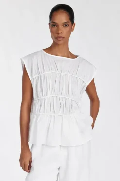 FLYNN WHITE LINEN BLEND TIERED TOP