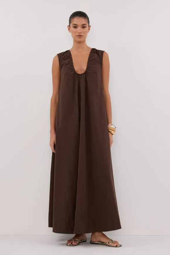 GABBY BITTER CHOC COTTON MIDI DRESS