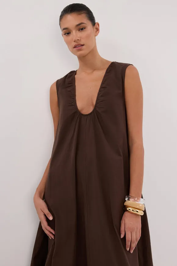 GABBY BITTER CHOC COTTON MIDI DRESS
