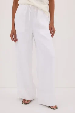 GINA WHITE LINEN ELASTIC WAIST PANT
