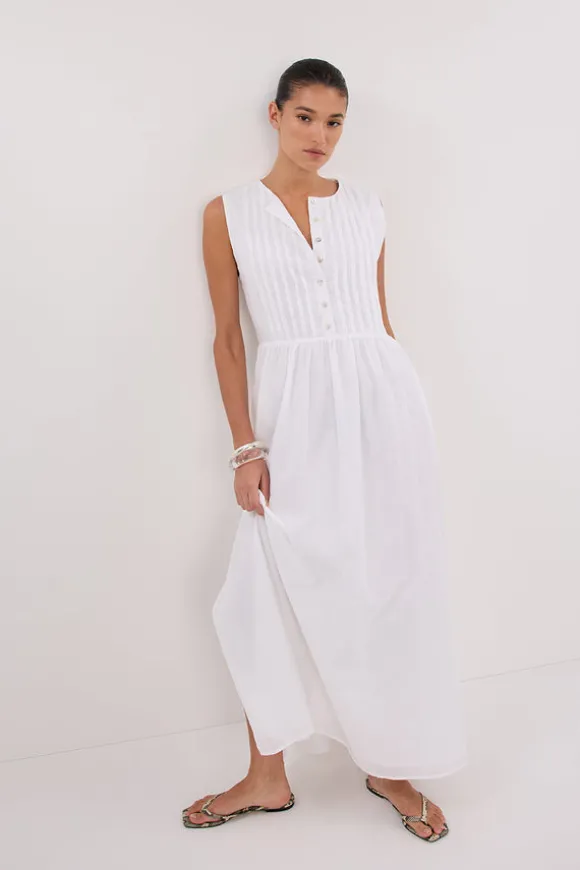 LARS WHITE PINTUCK LINEN MIDI DRESS