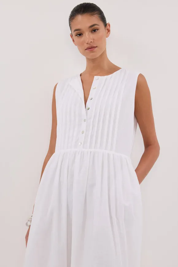LARS WHITE PINTUCK LINEN MIDI DRESS
