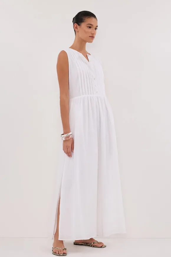 LARS WHITE PINTUCK LINEN MIDI DRESS