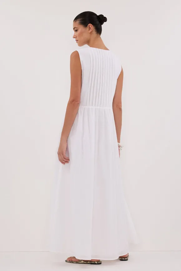 LARS WHITE PINTUCK LINEN MIDI DRESS