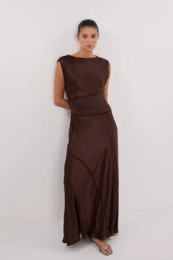 MONICA BITTER CHOCOLATE SATIN MIDI DRESS
