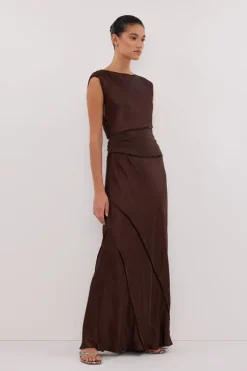 MONICA BITTER CHOCOLATE SATIN MIDI DRESS