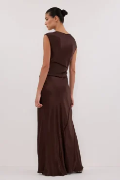MONICA BITTER CHOCOLATE SATIN MIDI DRESS