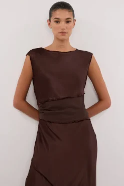 MONICA BITTER CHOCOLATE SATIN MIDI DRESS