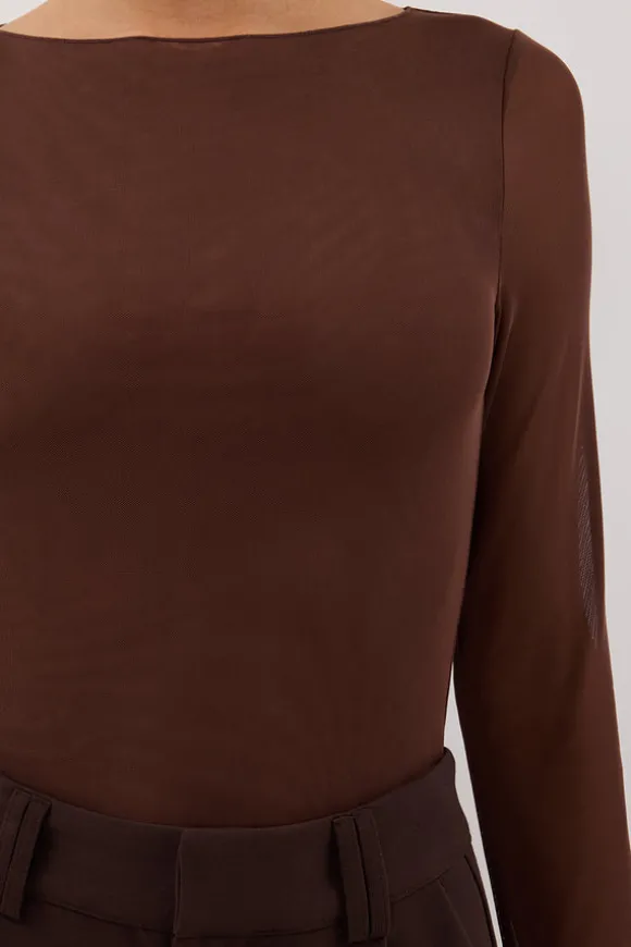 NYRA CHOC MESH LONG SLEEVE TOP
