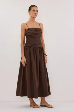 QUINN BITTER CHOC COTTON MIDI DRESS
