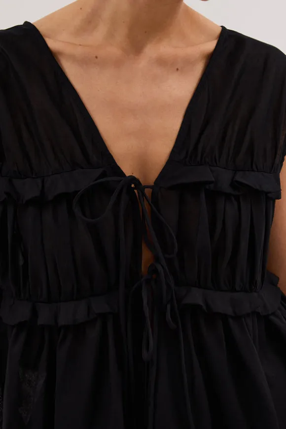 QUINN BLACK LINEN RUFFLE TOP