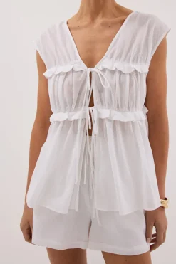QUINN WHITE LINEN RUFFLE TOP