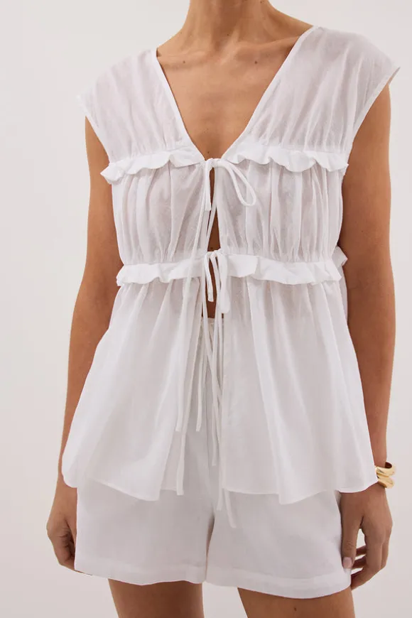 QUINN WHITE LINEN RUFFLE TOP