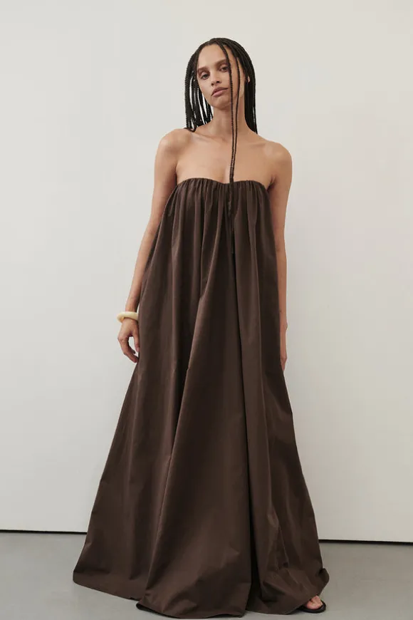 ROISIN BITTER CHOC COTTON STRAPLESS MAXI DRESS